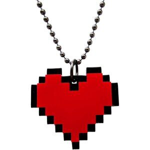 Red 8 Bit Pixel Heart Gaming Necklace with Black Red Acrylic Pendant